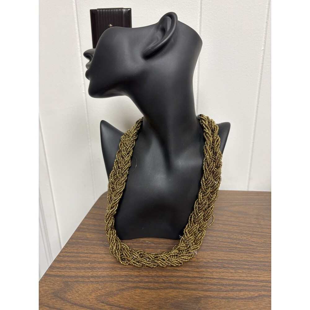 Gold Tone Seed Bead Braided Statement Necklace Boho Artisan Style
